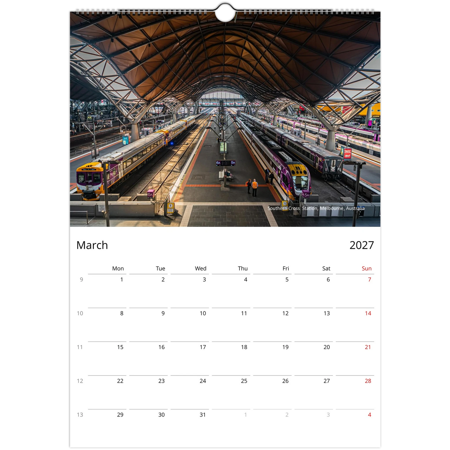 2027 Train Wall Calendar – product packaging and spiral binding detail