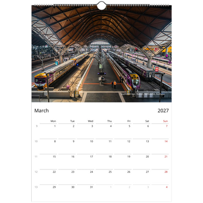 2027 Train Wall Calendar – product packaging and spiral binding detail