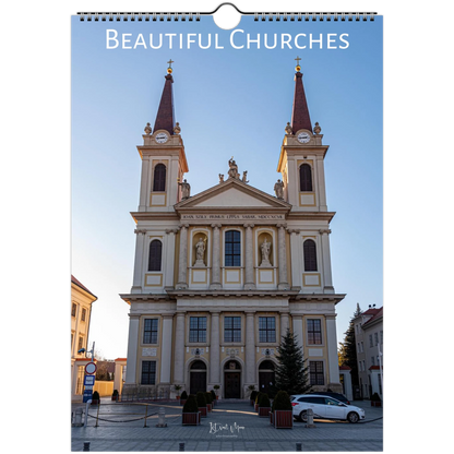 A spiral-bound wall calendar or photo print titled "Beautiful Churches" showing a large historic church facade with two towers, photographed against a white background.