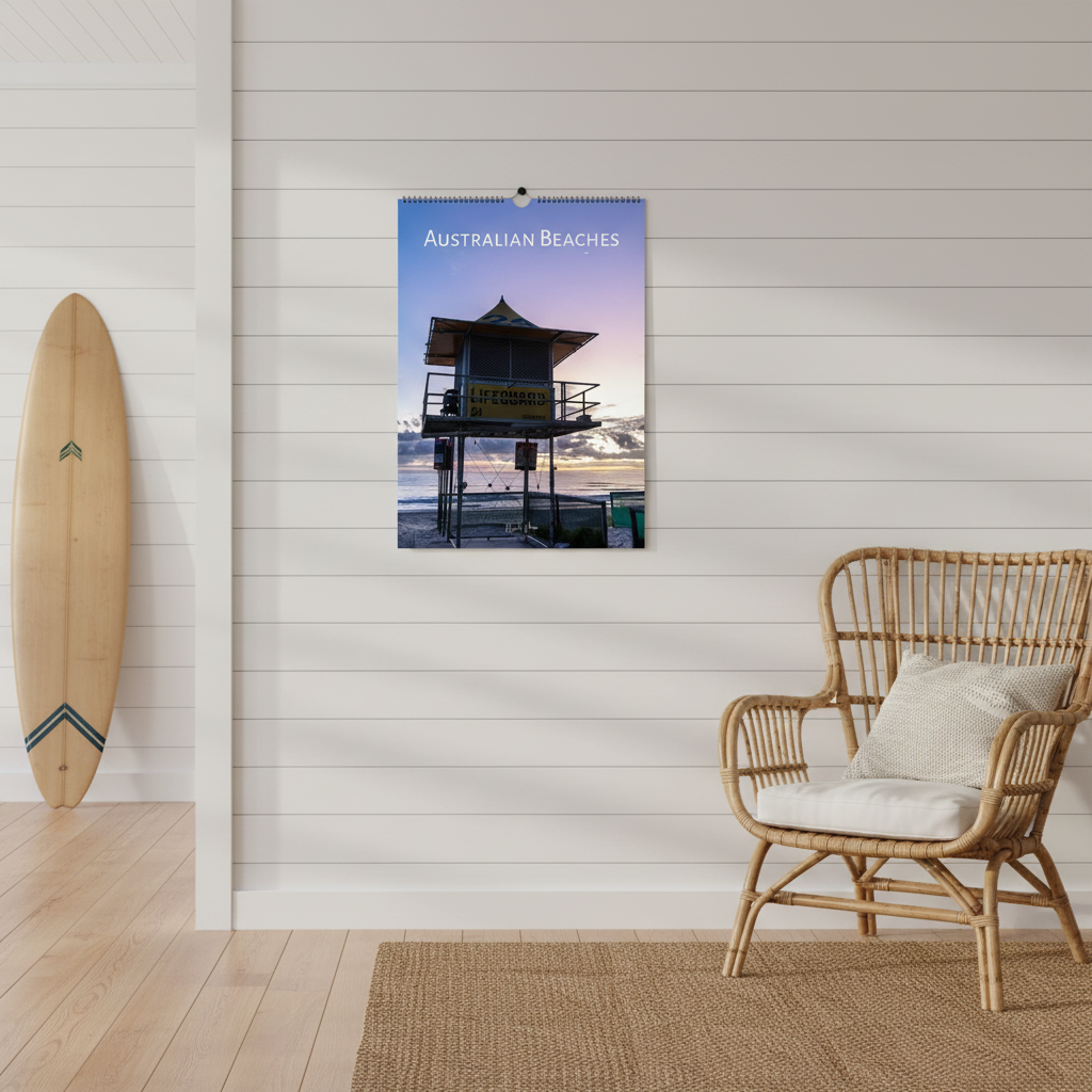 2027 Australian Beaches Wall Calendar – lifestyle mockup in coastal beach house setting