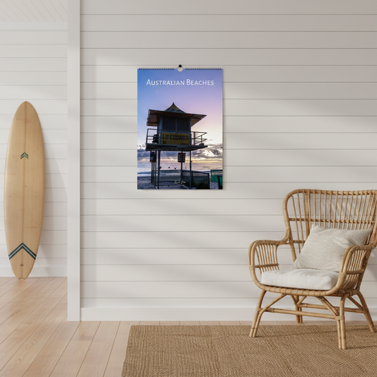 2027 Australian Beaches Wall Calendar – lifestyle mockup in coastal beach house setting