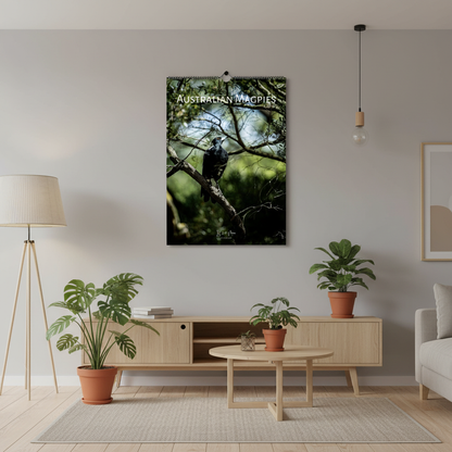 Australian Magpies A3 photography wall calendar displayed in a modern Scandinavian living room interior