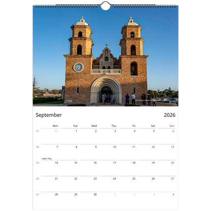 2027 Beautiful Churches Wall Calendar - open calendar view with architectural detail