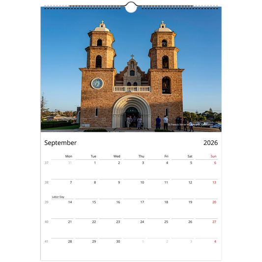 2027 Beautiful Churches Wall Calendar - open calendar view with architectural detail