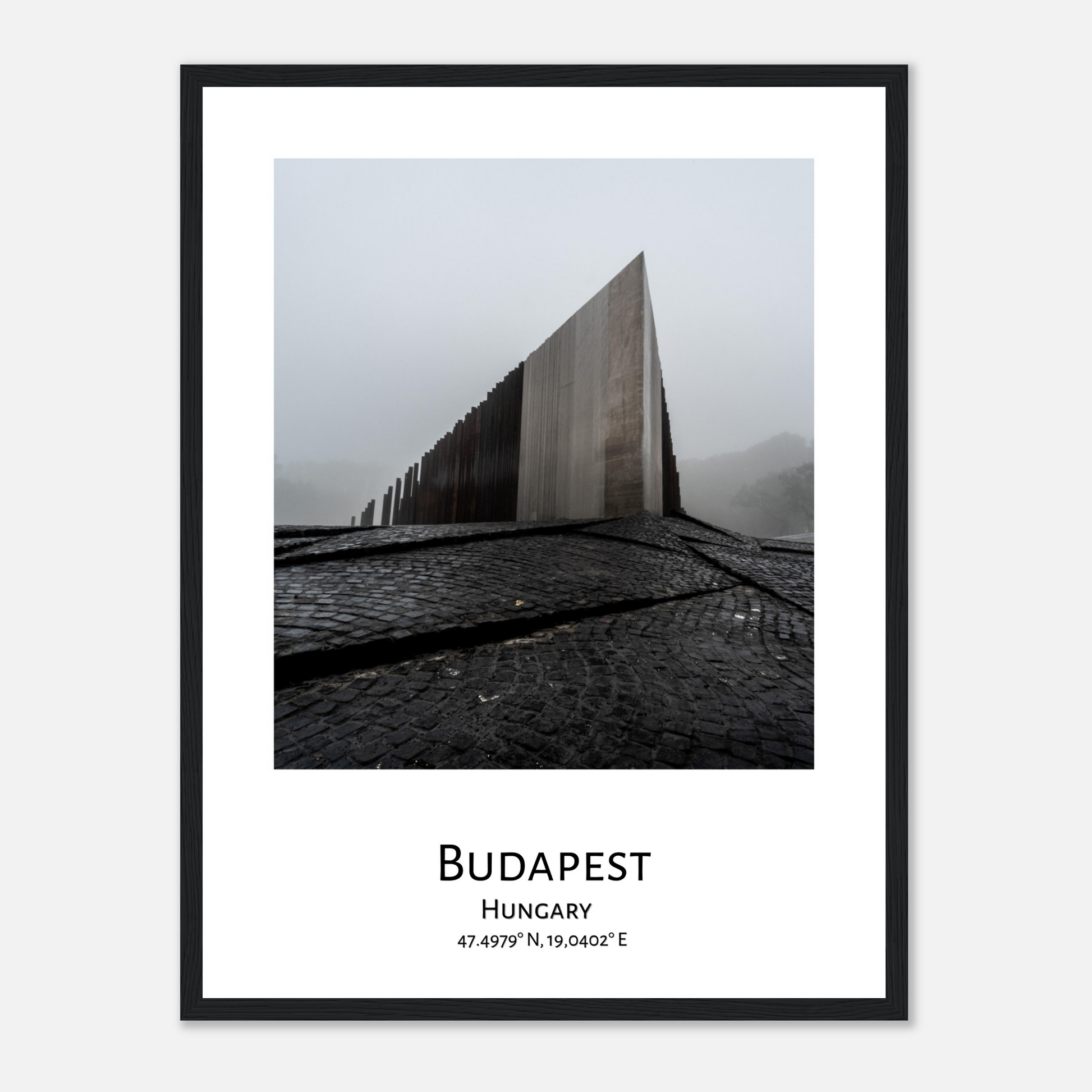 Personalised framed Budapest poster by Istvan Maar Photography - Central Memorial Uprising 1952 - black frame close-up