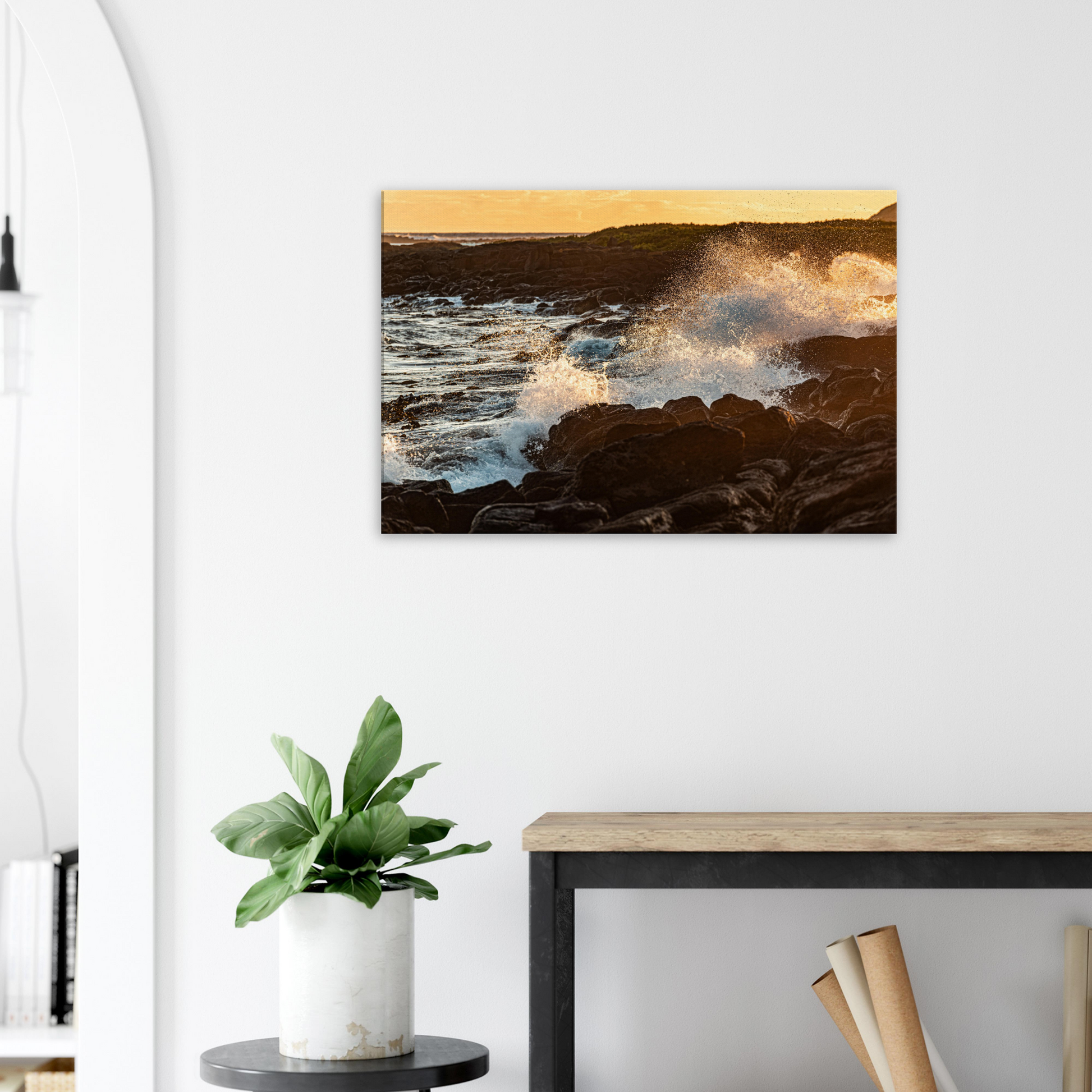 Sunset black rocks with waves on canvas by Istvan Maar Photography - living room