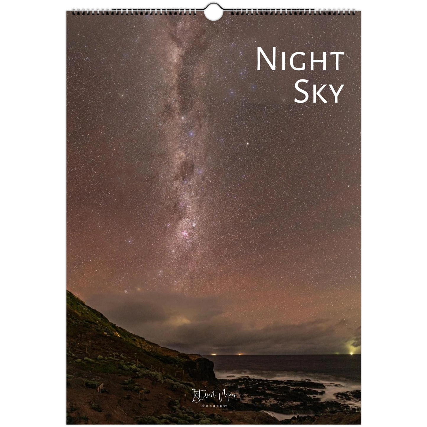 Calendar cover with a night sky over a coastal landscape and 'Night Sky' text.