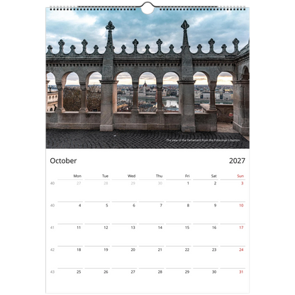 2027 Budapest Wall Calendar - product packaging and spiral binding detail