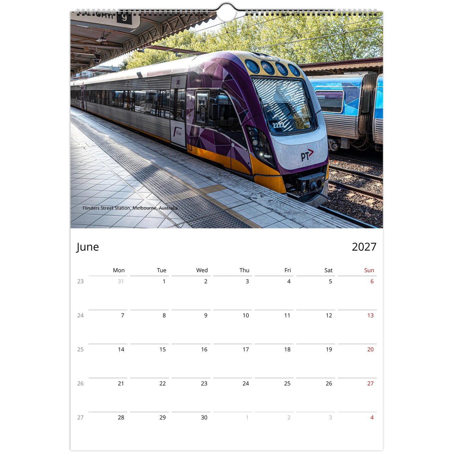 2027 Train Wall Calendar – open calendar view with train detail