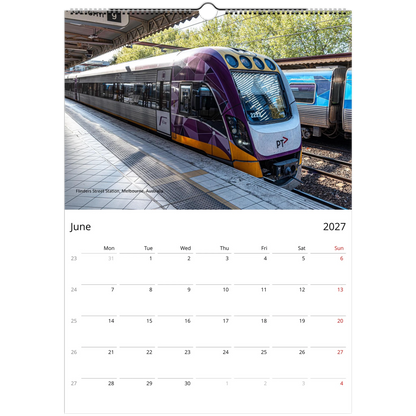 2027 Train Wall Calendar – open calendar view with train detail
