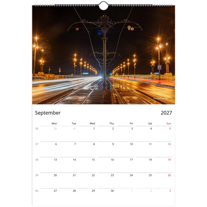 2027 Budapest Wall Calendar - product packaging and spiral binding detail
