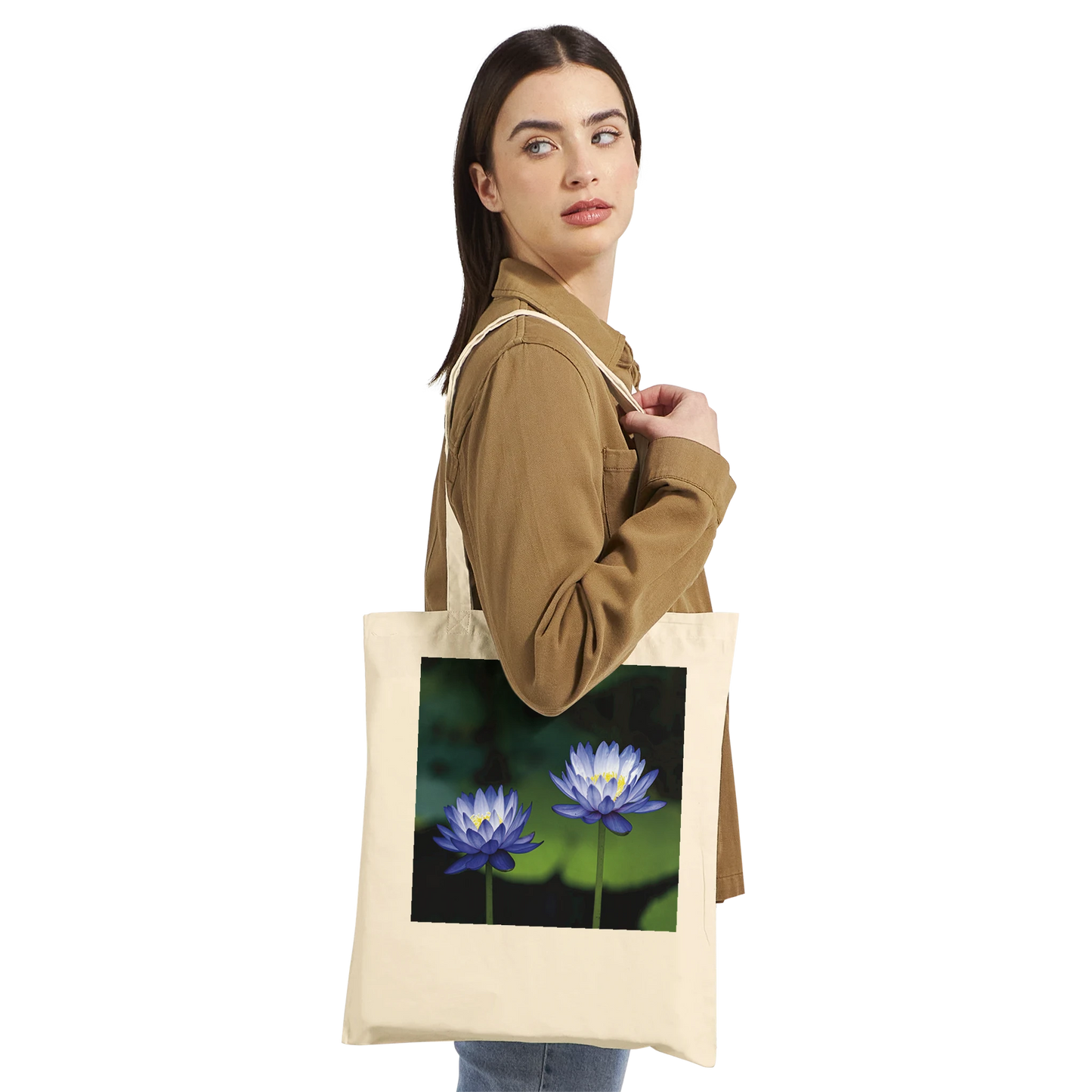 Water Lilies Canvas Tote Bag – Blue Lotus Art Print – Floral Gift for Nature Lovers