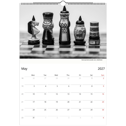 2027 Black and White Chess Wall Calendar – monthly spread with black and white chess photography
