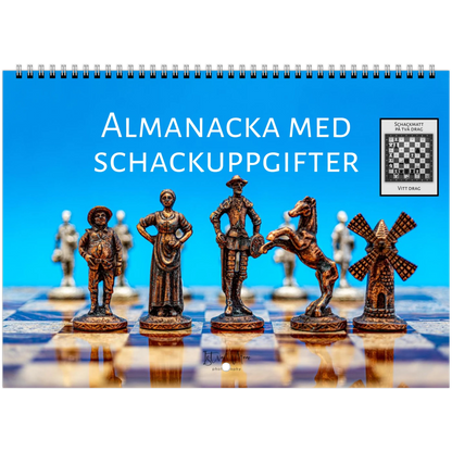 A spiral-bound book or album cover featuring a chessboard scene with bronze-colored chess pieces in the foreground and a bright blue background. Large white text reads 'ALMANACKA MED SCHACKUPPGIFTER,' and a small inset shows a chess puzzle. 