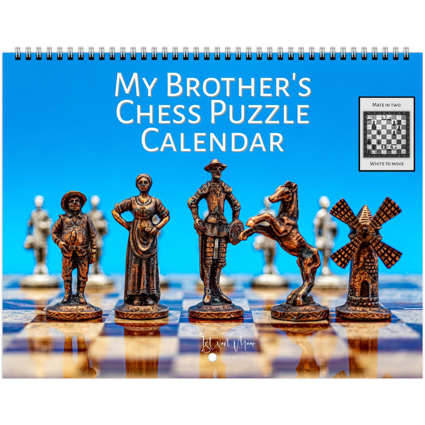 2025 Chess Wall Calendar by Istvan Maar Photography featuring global chess sets and monthly chess puzzles, vibrant imagery