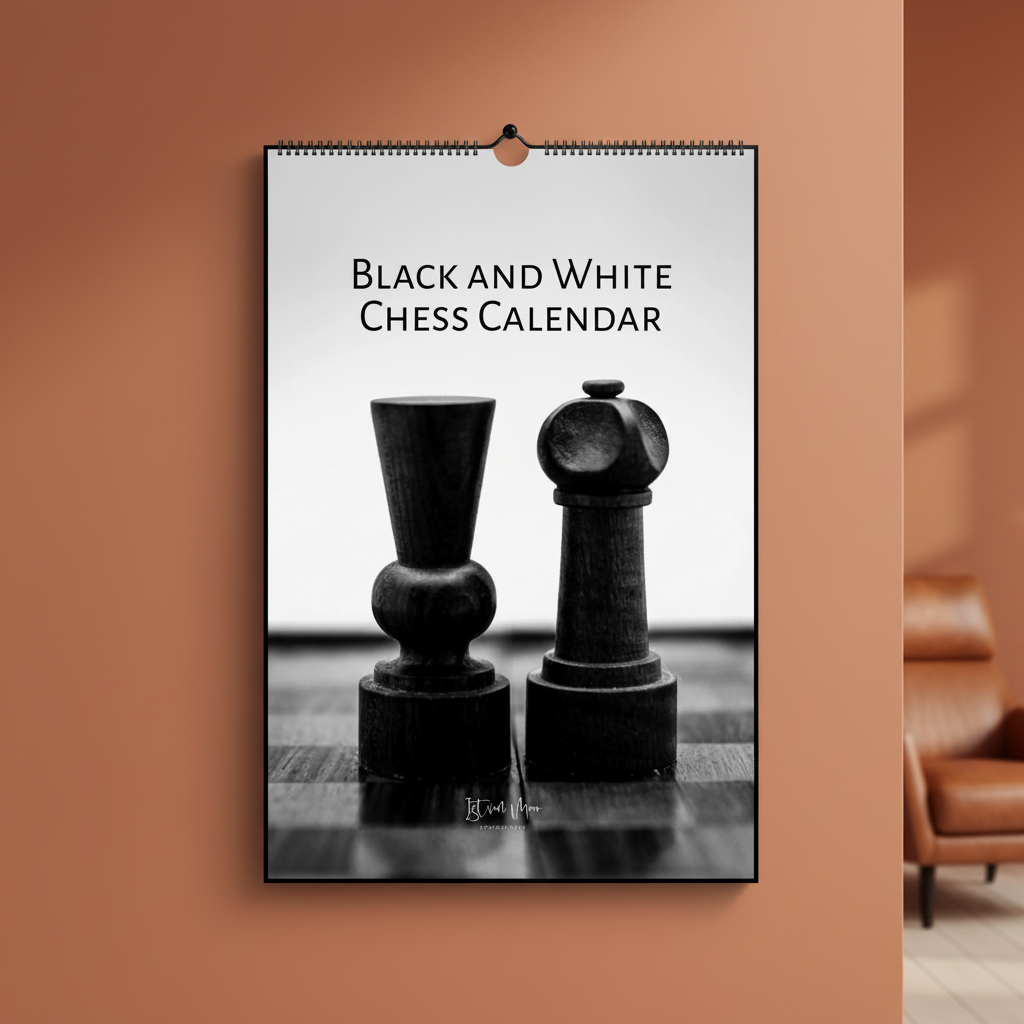 Black and White Chess Calendar on Orange Wall with Leather Furniture.