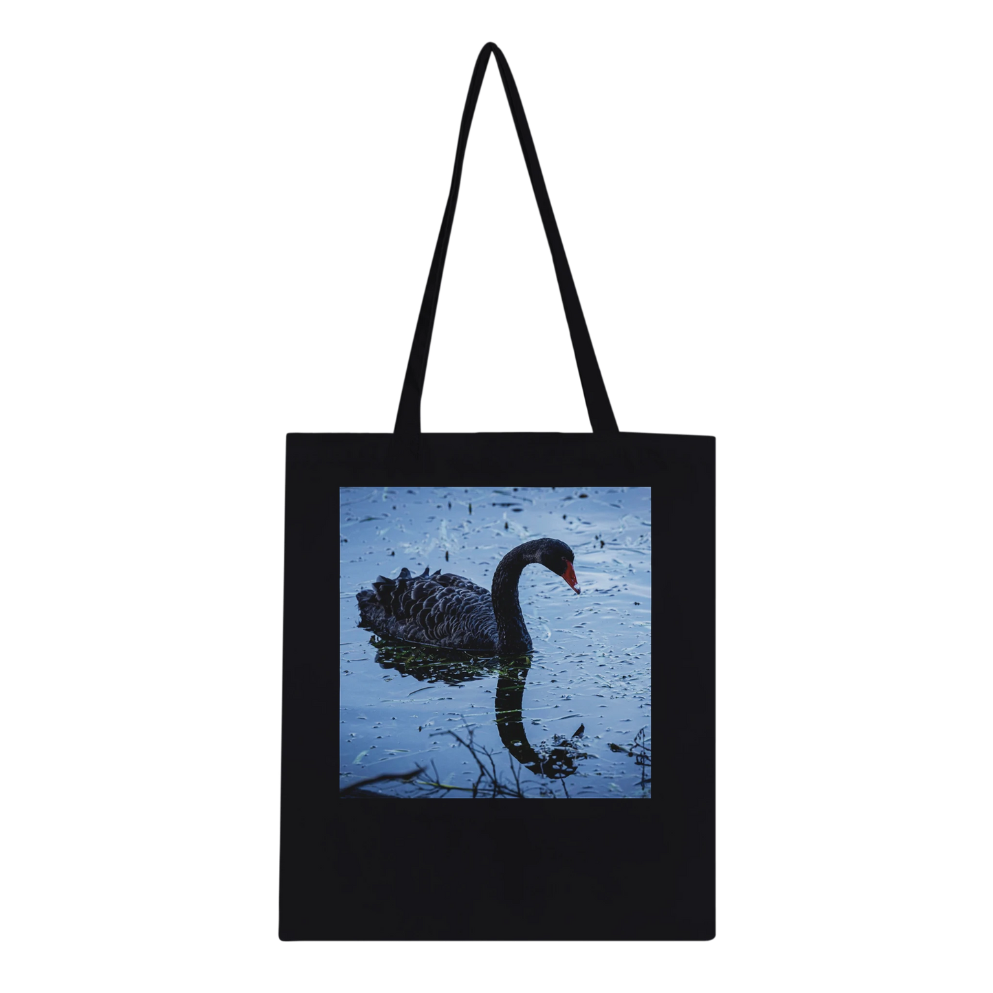 Black swan photograph printed on a black canvas tote bag, Classic style, front view