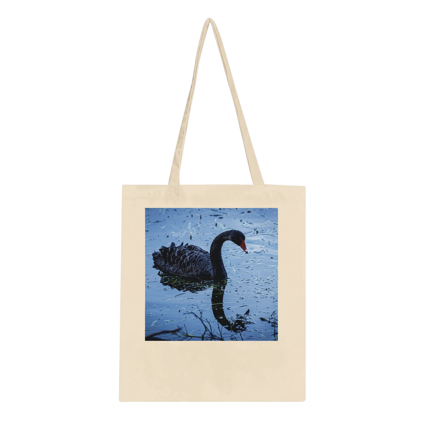 Black swan photograph printed on a natural canvas tote bag, Classic style, front view