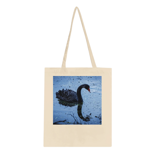 Black swan photograph printed on a natural canvas tote bag, Classic style, front view