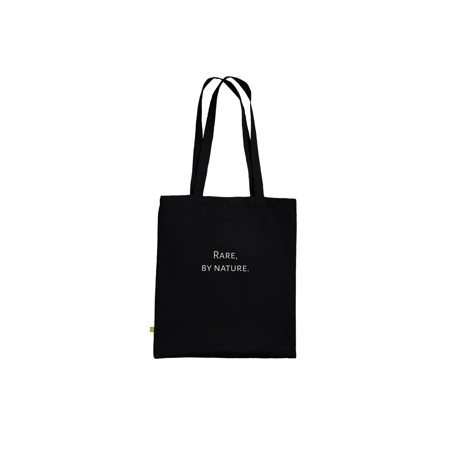 Black swan photograph printed on a black canvas tote bag, Premium style, front view