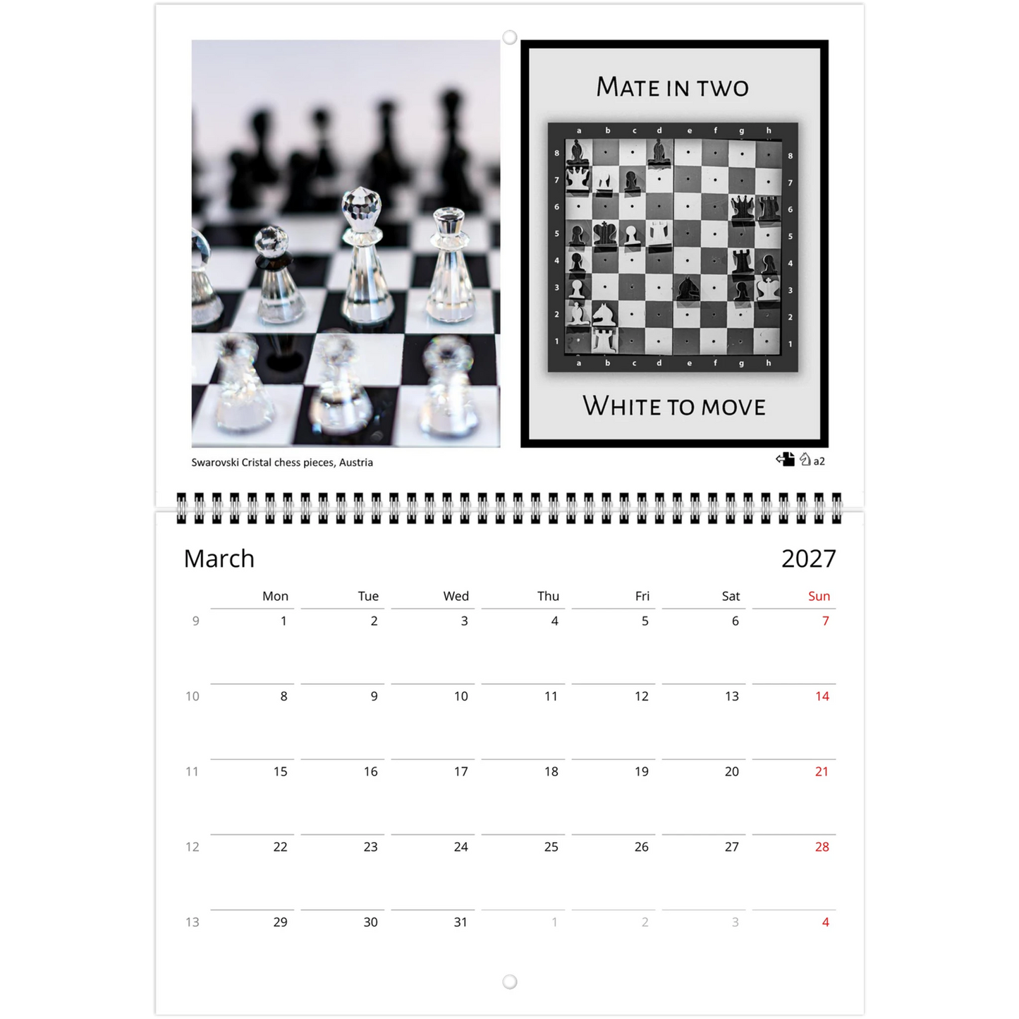 Chess puzzle wall calendar by Istvan Maar Photography, featuring chess boards and sets from different cultures. with challenging puzzle for each month.  