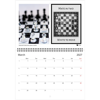 Chess puzzle wall calendar by Istvan Maar Photography, featuring chess boards and sets from different cultures. with challenging puzzle for each month.  