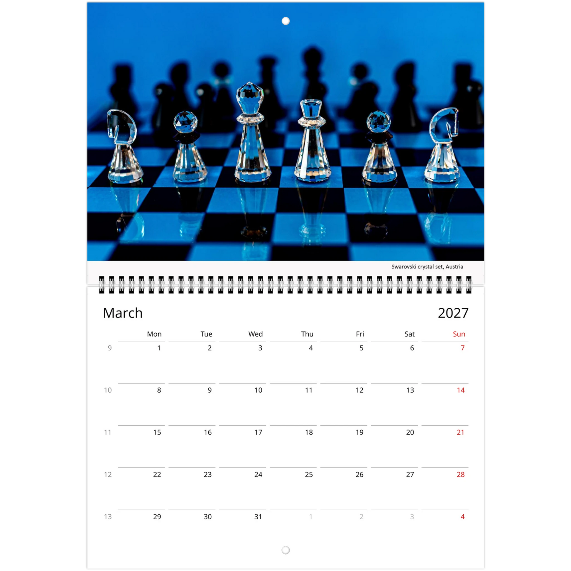 Chess wall calendar by Istvan Maar Photography, featuring chess boards and sets from different cultures.  