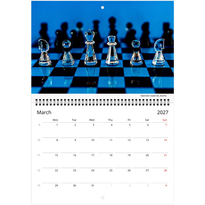 Chess wall calendar by Istvan Maar Photography, featuring chess boards and sets from different cultures.  