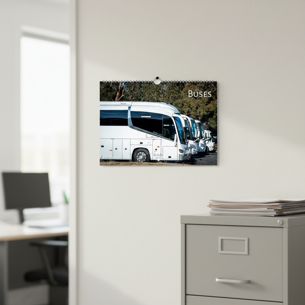 Buses Wall Calendar – Transport Depot Office Mockup