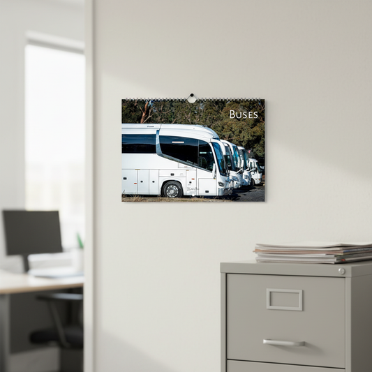 Buses Wall Calendar – Transport Depot Office Mockup