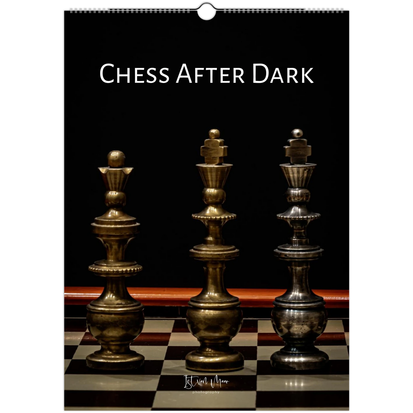 Chess After Dark wall calendar cover featuring dramatic fine art photography of antique brass and silver chess pieces on a classic chessboard