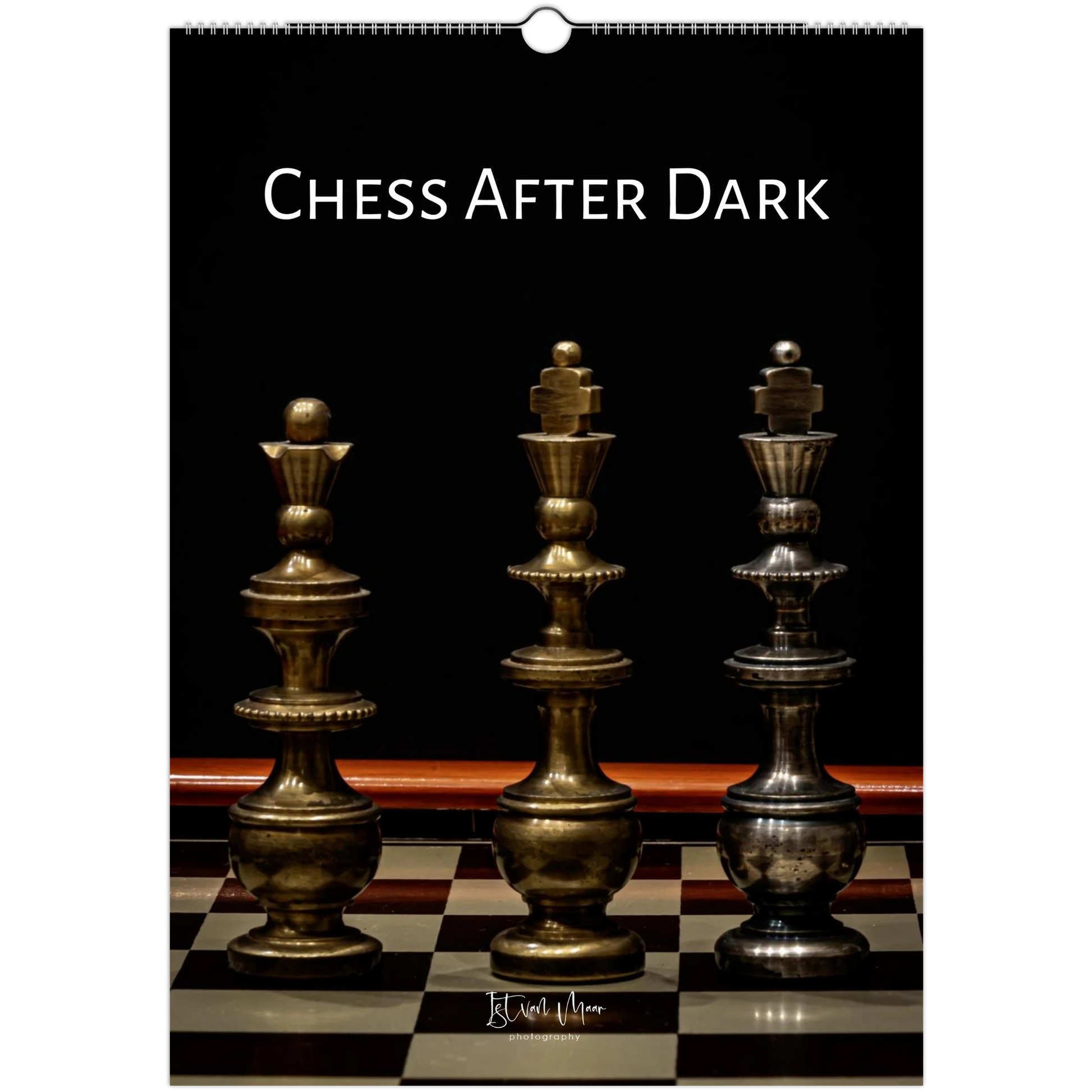 Chess After Dark wall calendar cover featuring dramatic fine art photography of antique brass and silver chess pieces on a classic chessboard