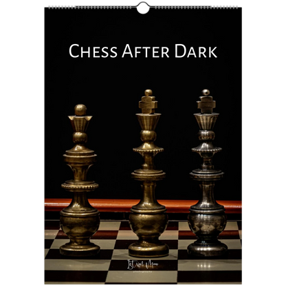 Chess After Dark wall calendar cover featuring dramatic fine art photography of antique brass and silver chess pieces on a classic chessboard