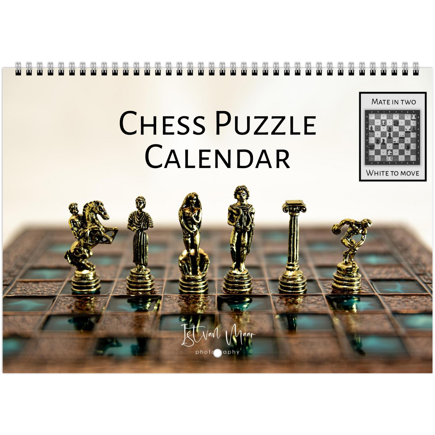 Chess Puzzle Calendar with chess pieces and board on a white background