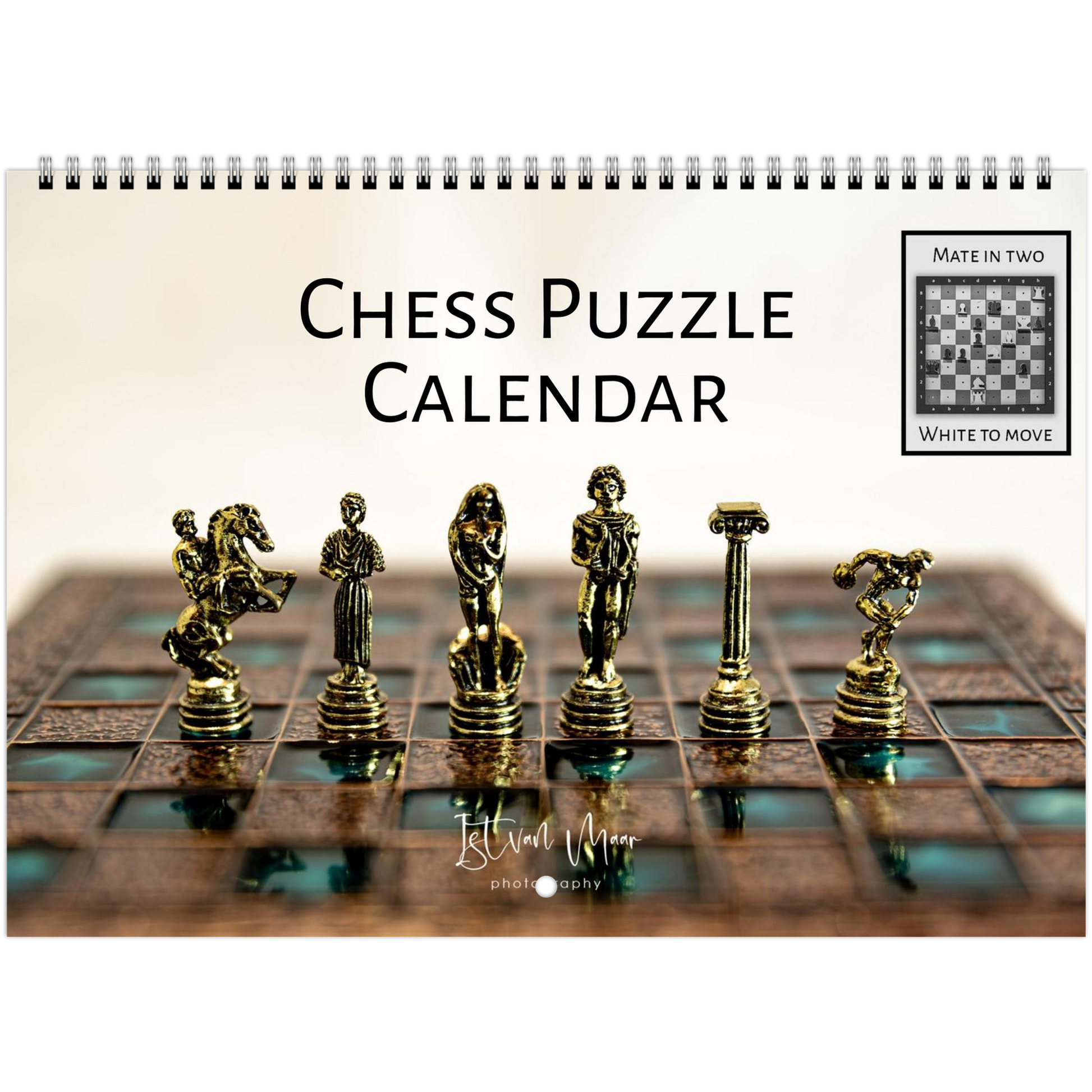 Chess Puzzle Calendar with chess pieces and board on a white background