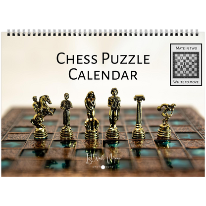 Chess Puzzle Calendar with chess pieces and board on a white background