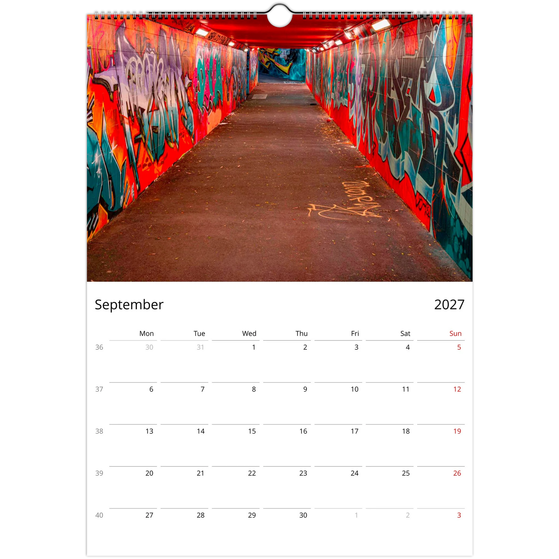 2027 Graffiti Wall Calendar – monthly spread with urban graffiti photography