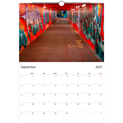 2027 Graffiti Wall Calendar – monthly spread with urban graffiti photography
