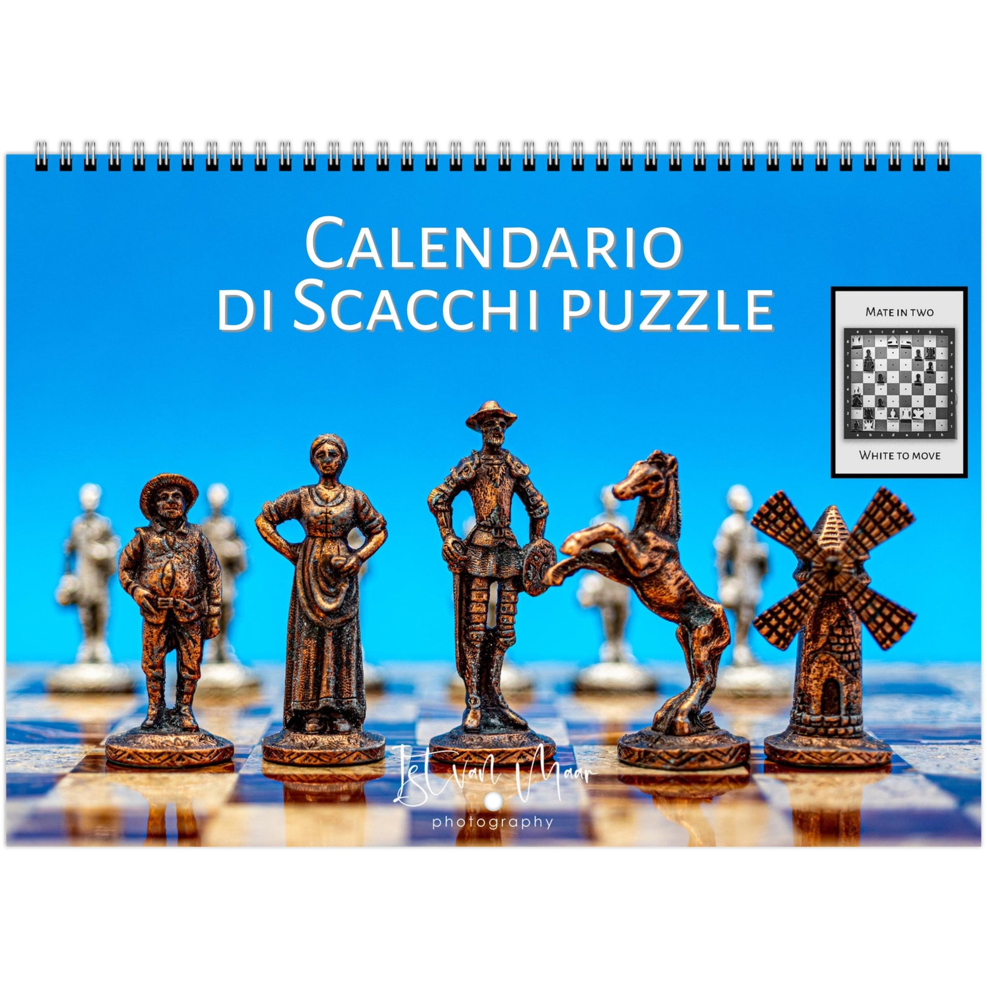 2025 Chess Wall Calendar by Istvan Maar Photography featuring stunning global chess set images and challenging puzzles.