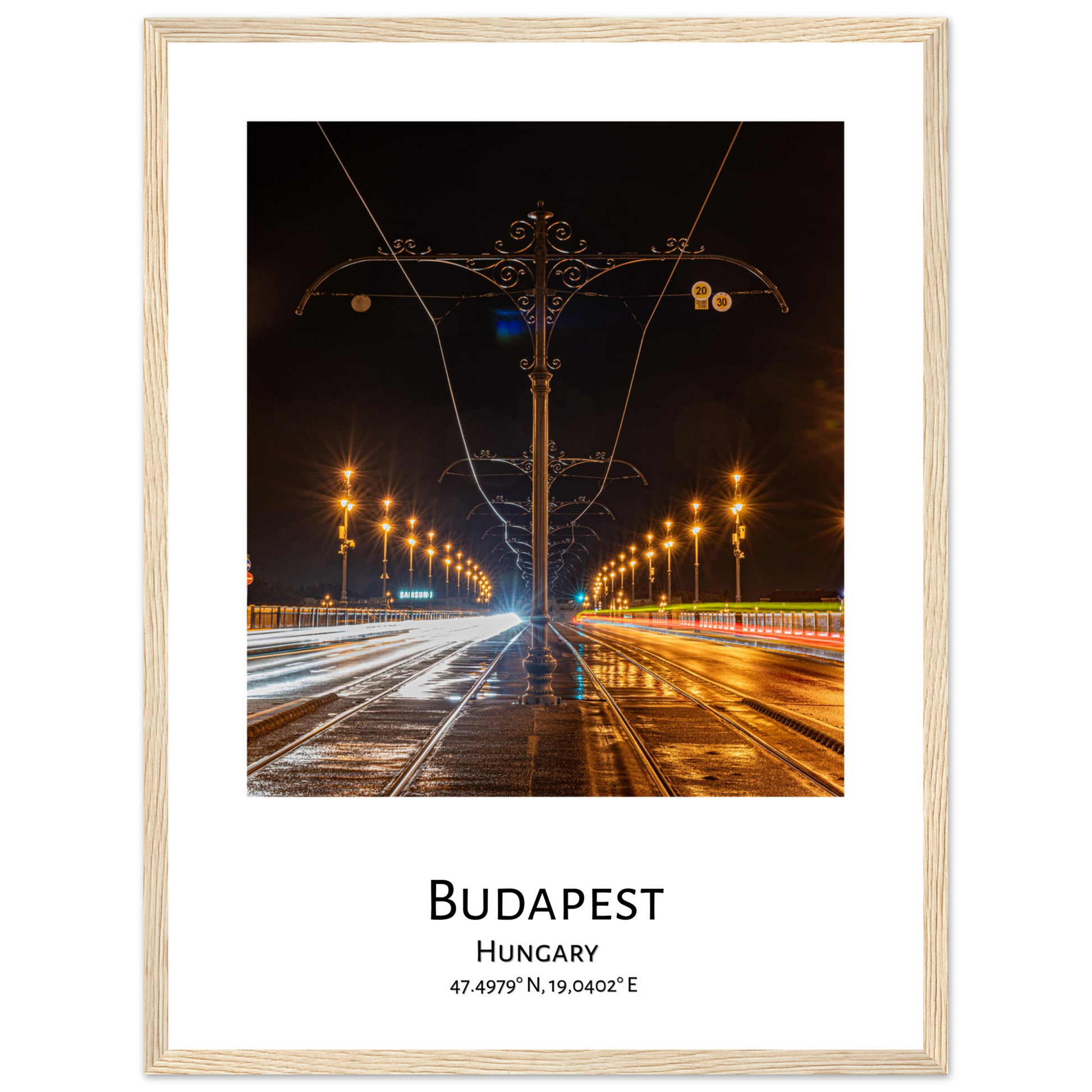 Personalized framed Budapest travel poster - Margaret bridge by night - wood frame - close-up 2