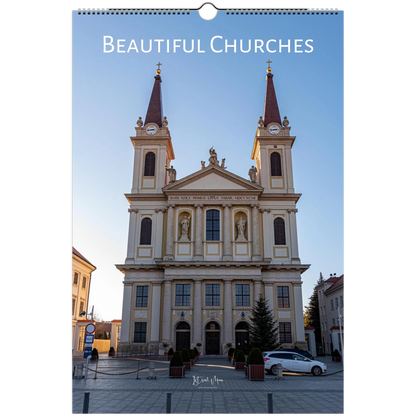 A spiral-bound wall calendar or print featuring a large photograph of a classical church facade with two towers, under the title 'Beautiful Churches' at the top. The scene is shown centered on a white background.