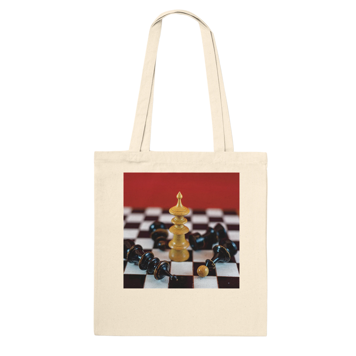 Vienna Chess Set Tote Bag Natural Classic front view – white queen surrounded by fallen black pieces