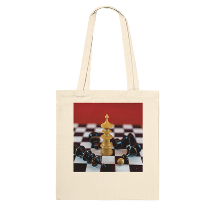 Vienna Chess Set Tote Bag Natural Classic front view – white queen surrounded by fallen black pieces