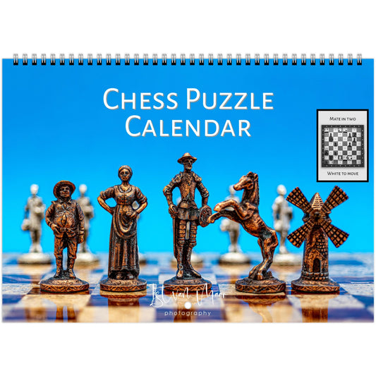 2025 Chess Wall Calendar by Istvan Maar Photography featuring intricate chess sets and challenging monthly puzzles.