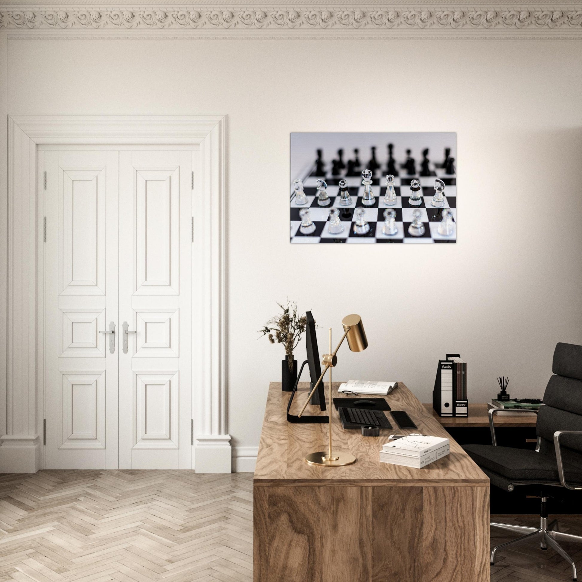 White Stretched Canvas Swarovski Crystal Chess by Istvan Maar Photography - executive office