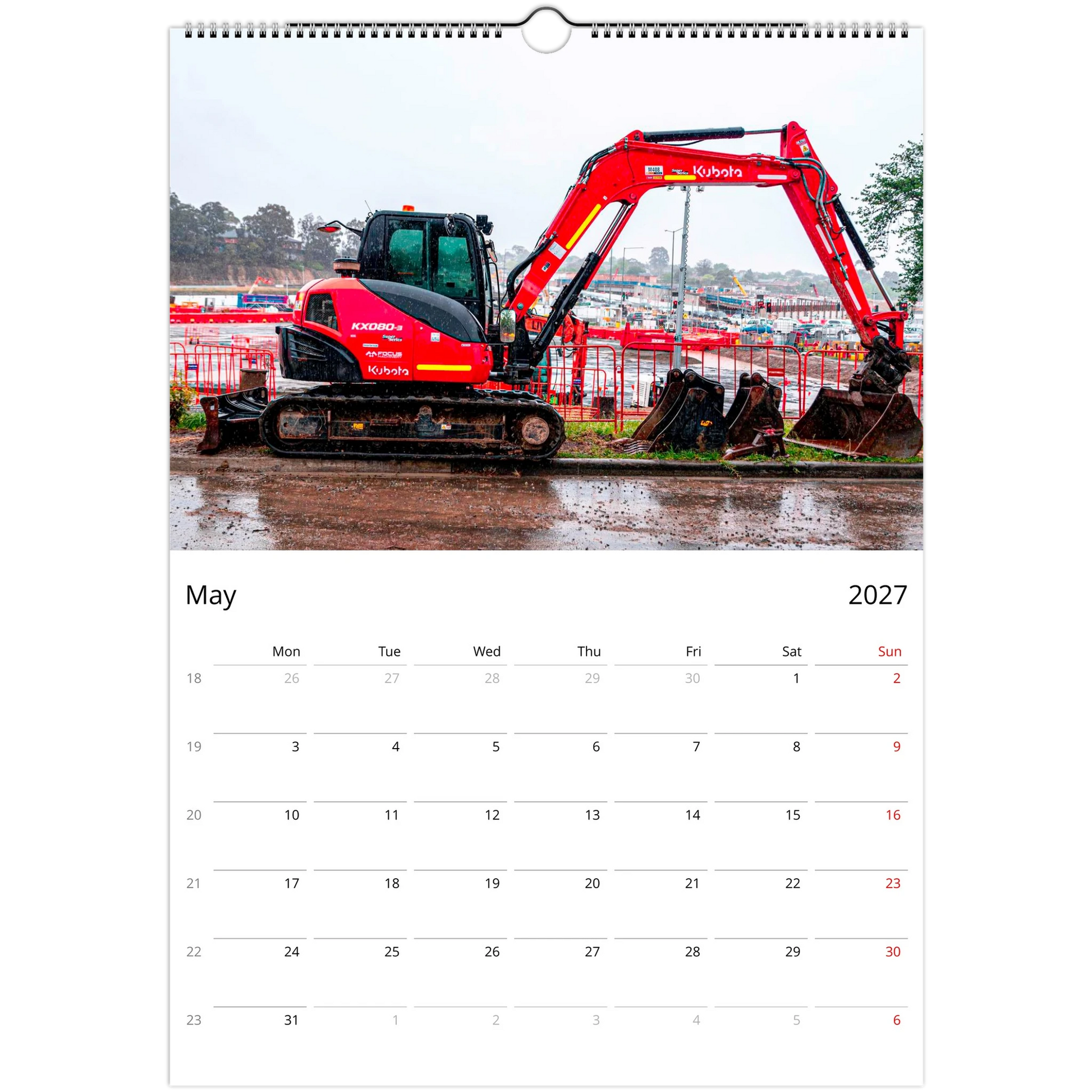 2027 Excavator Wall Calendar – open calendar view with excavator detail