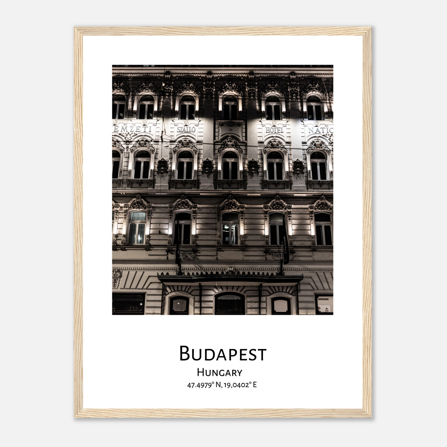 Personalized framed Budapest travel poster - Hotel National in Budapest - wood frame - close-up