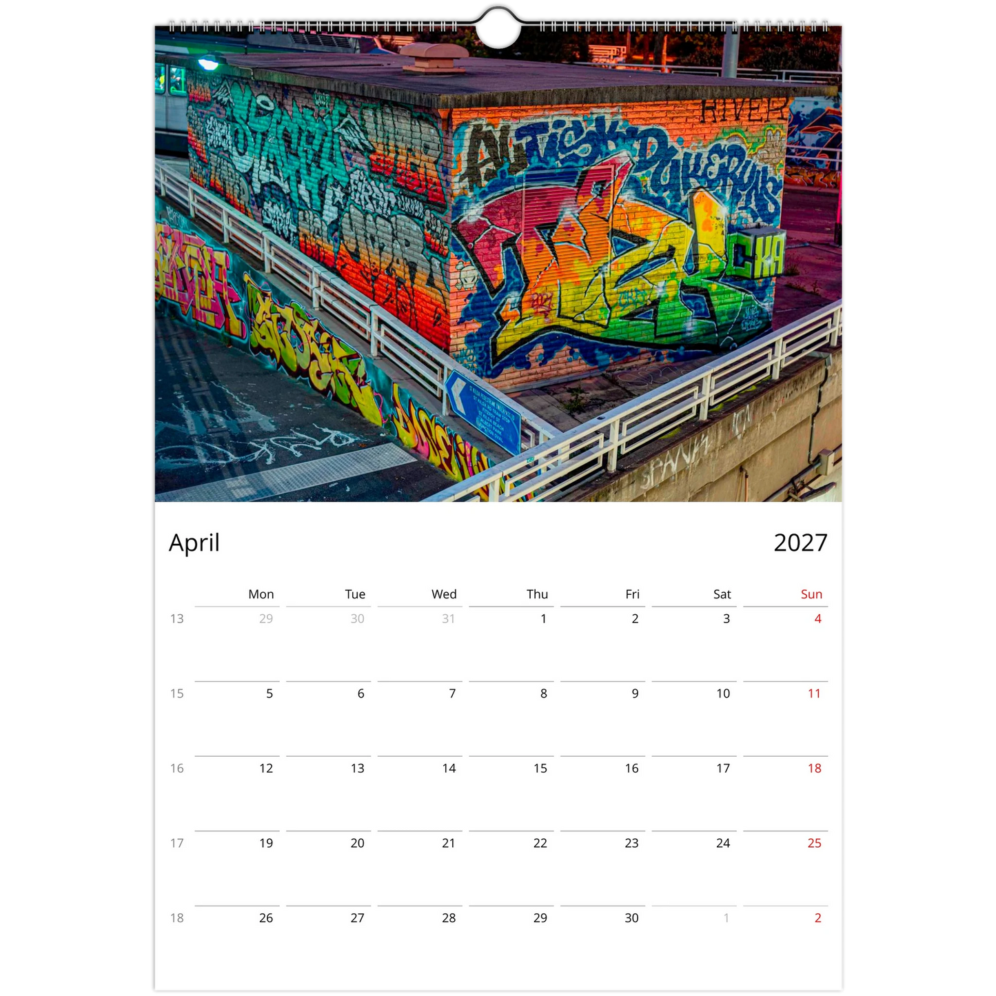 2027 Graffiti Wall Calendar – open calendar view with street art detail