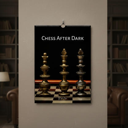 Chess After Dark wall calendar displayed on a light interior wall in a sophisticated home study setting