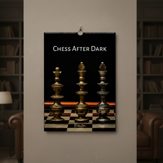 Chess After Dark wall calendar displayed on a light interior wall in a sophisticated home study setting